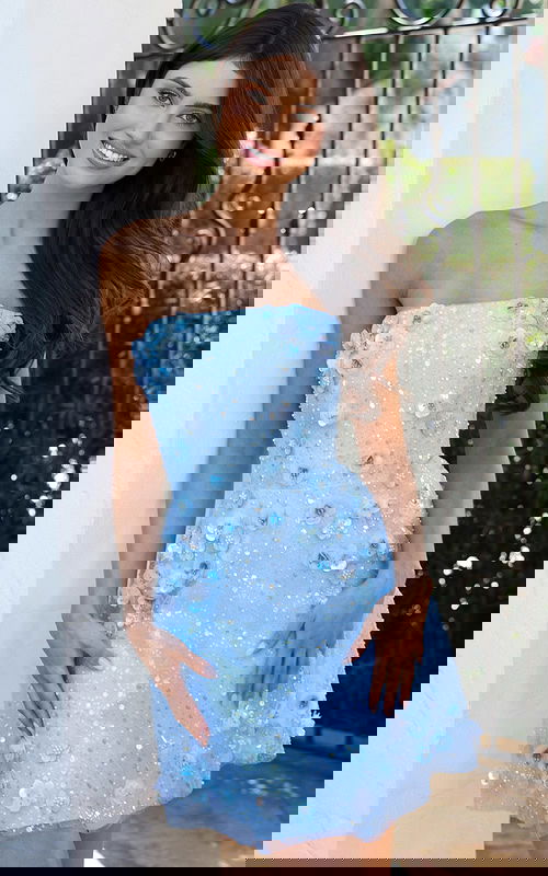 strapless floral blue short dress K44966