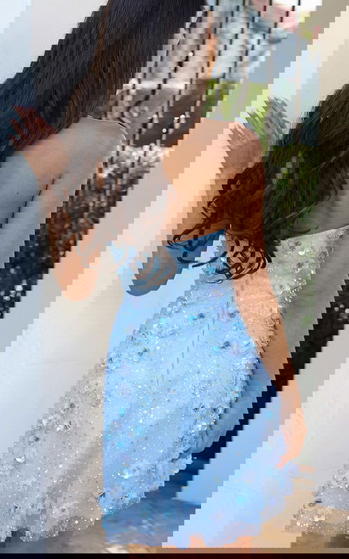 Strapless light blue embellished mini dress with 3D floral appliqués and sheer overlay