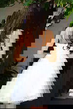 back of white fit and flare dress K45717