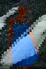 Jovani K45723 light blue spaghetti strap short homecoming dress with pearl and crystal dotted bodice, rhinestone waistband, and tiered tulle flare skirt