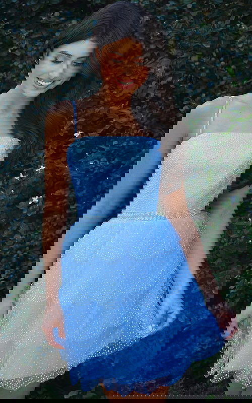 Jovani K45723 light blue spaghetti strap short homecoming dress with pearl and crystal dotted bodice, rhinestone waistband, and tiered tulle flare skirt