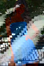 Jovani K45723 light blue spaghetti strap short dress front close up showing crystal embellished bodice, beaded waist detail, and layered tulle skirt