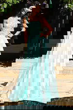 Jovani K48130 mint green A line prom dress with beaded embellished bodice, square neckline, wide straps, and flowing organza skirt