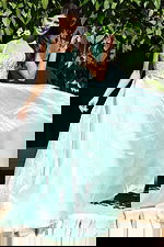 Square neckline A line gown with embellished bodice and flowing skirt