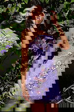 Jovani K49033 lilac sequin spaghetti strap fitted short dress with 3D cherry blossom floral appliques in silver and pink cascading along the bodice and skirt