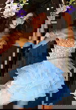 Strapless light blue mini dress with embellished sweetheart bodice and layered ruffle tulle skirt