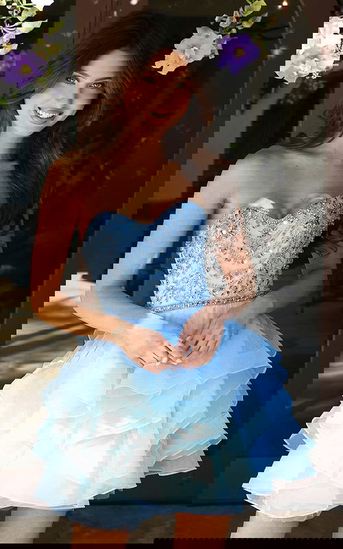 strapless corset bodice and ruffled skirt blue short dress K52181