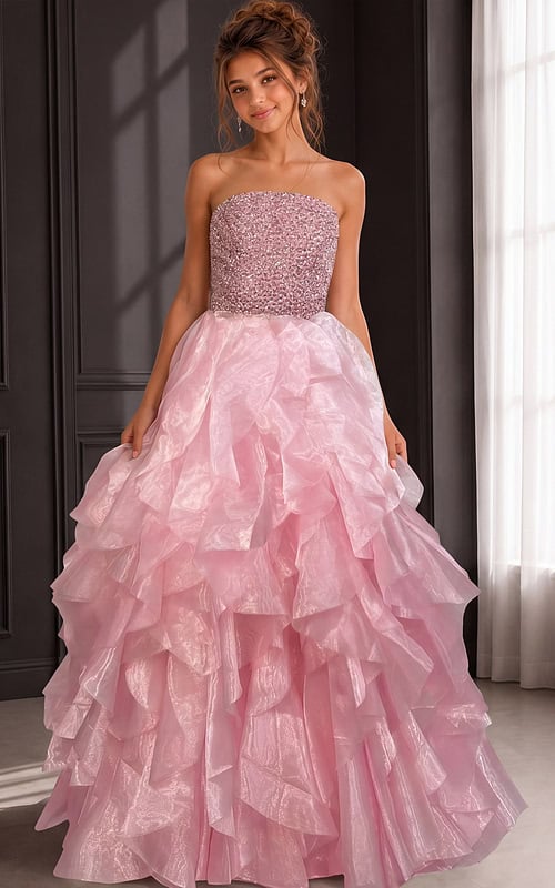 ruffled skirt strpless beaded dress K53334