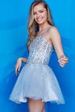 Model wearing Jovani K59903 in blue with sparkling design