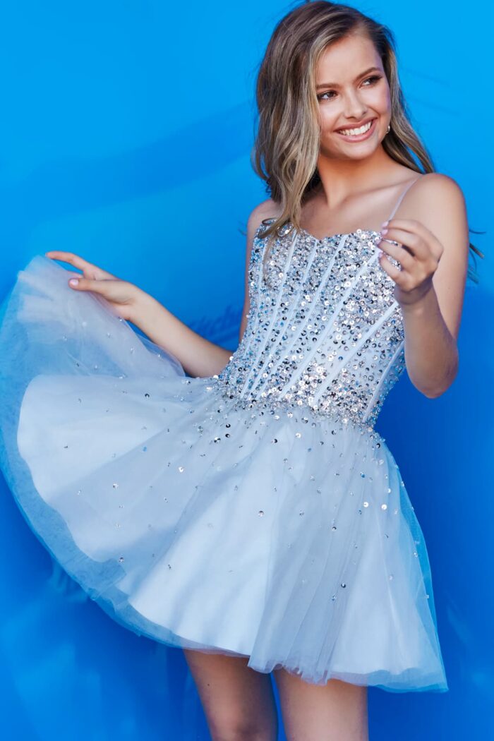 Front view of model in Jovani K59903 blue dress with sequin details