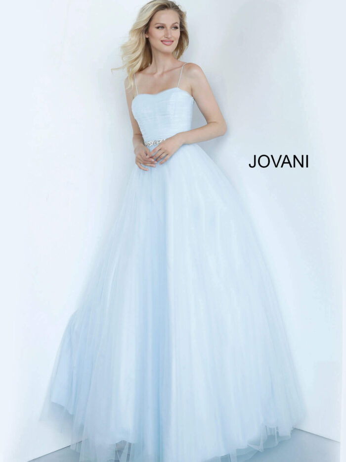 Model wearing Jovani K66712 blue ball gown with sweetheart neckline.