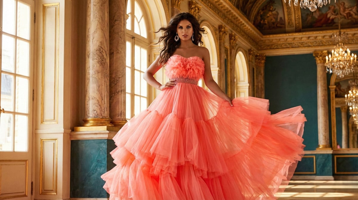 Voluminous coral tulle ball gown with a ruffled bodice, representing luxury prom dresses over $1000.