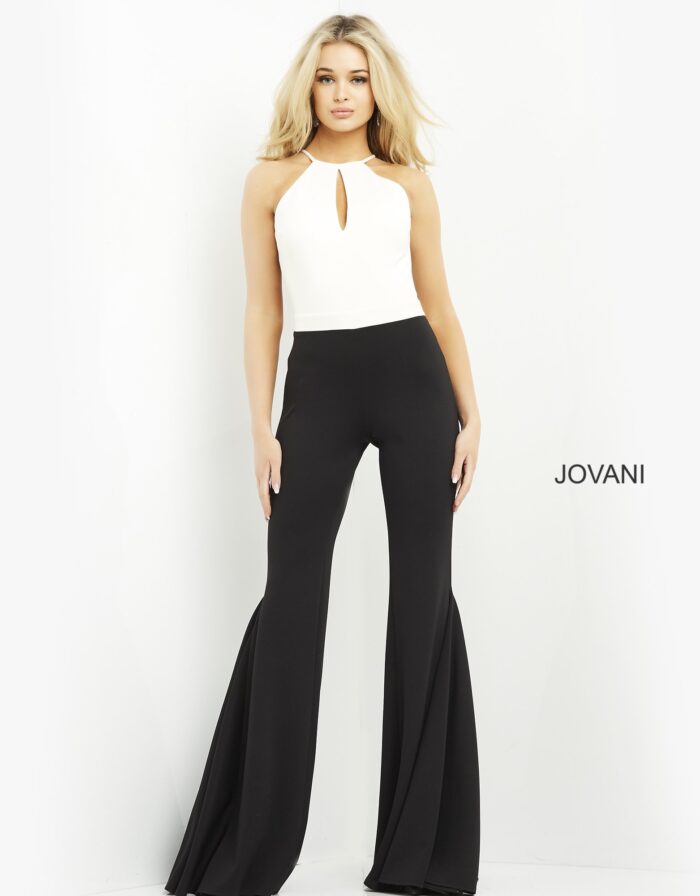 Model wearing Jovani M02807 jumpsuit, front view with halter neckline and flared black pants.