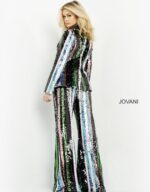 Back view of model in Jovani M02942, highlighting the detailed sequin pattern.