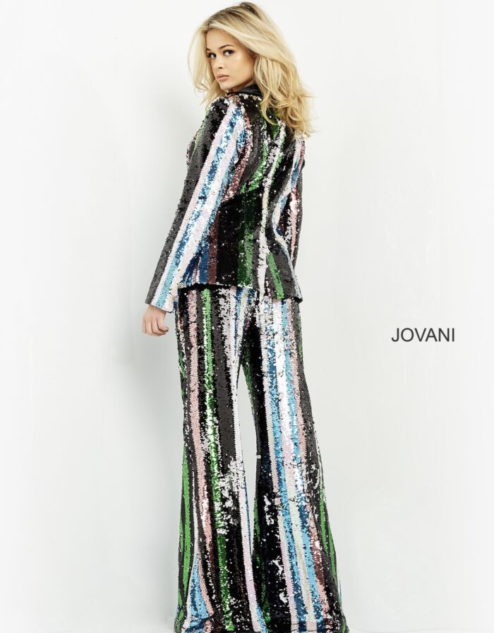Back view of model in Jovani M02942, highlighting the detailed sequin pattern.