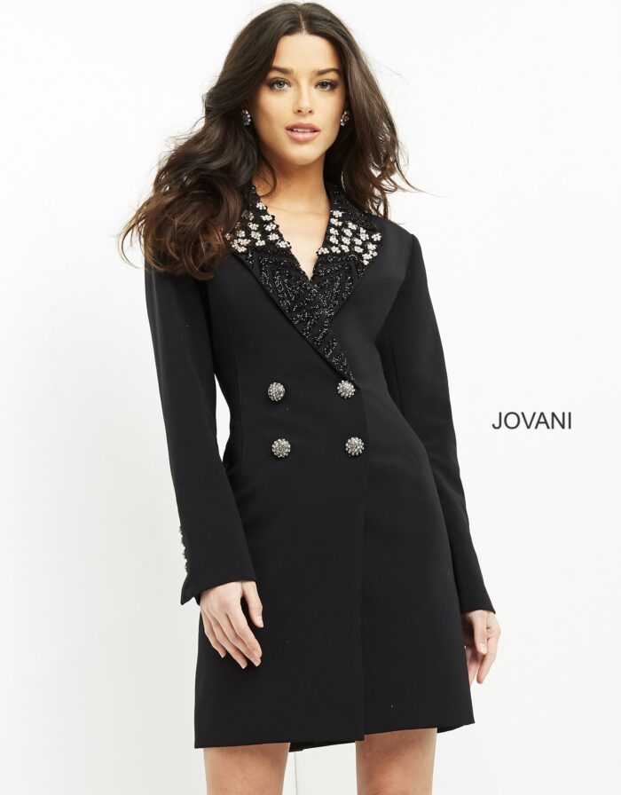 Close-up of model in Jovani M03416 black dress highlighting floral embellished neckline.