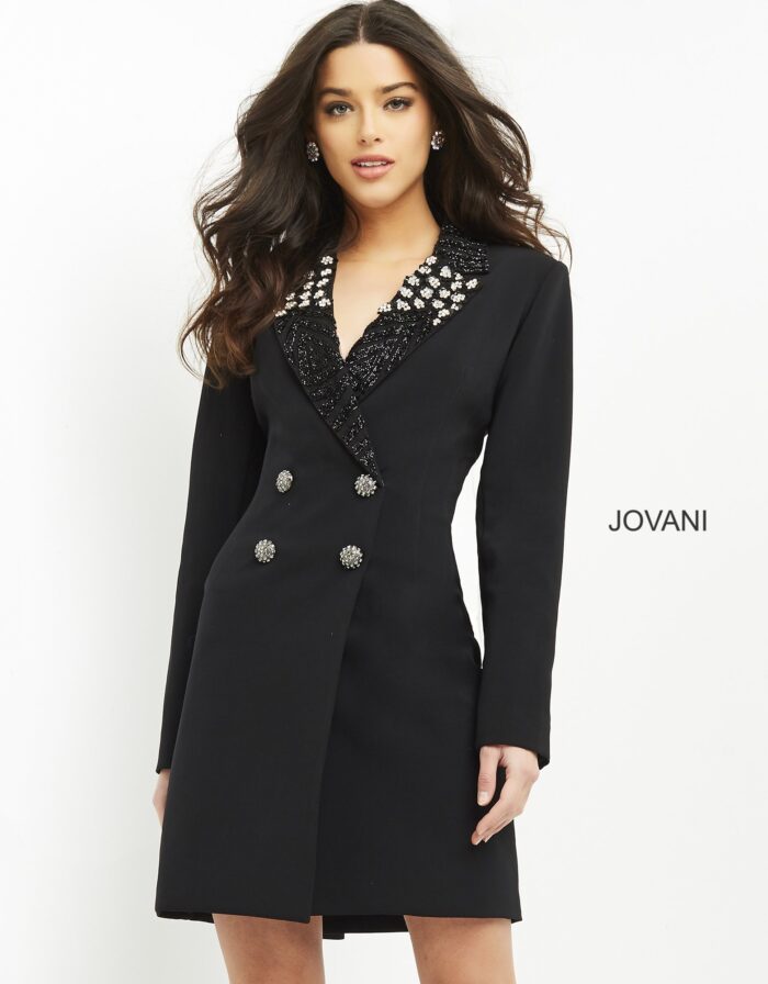 Model wearing Jovani M03416 dress in black, front view showing embellished V-neckline.