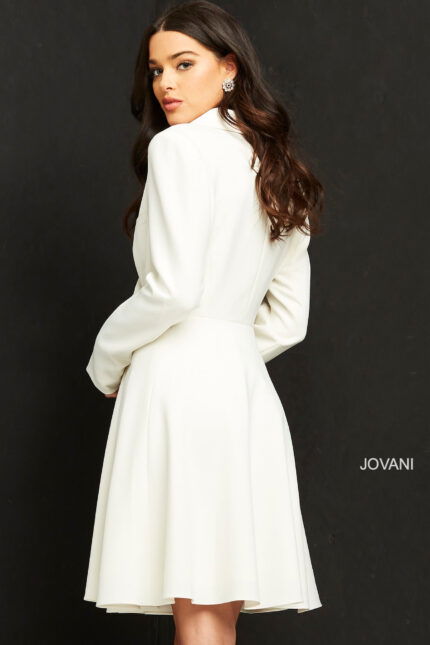 model showing back of Jovani M04302 off-white dress with a flared skirt