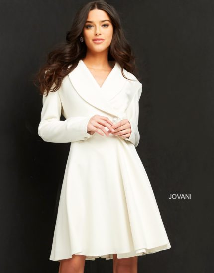 model wearing Jovani M04302 off-white dress with a V-neckline and long sleeves