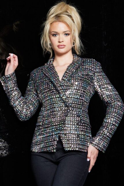 Model wearing Jovani M04827 multi-colored sequin blazer, back view.