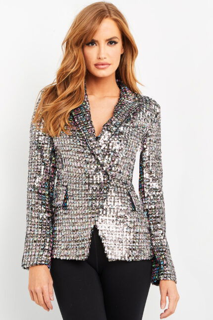 Model wearing Jovani M04827 multi-colored sequin blazer, front view.