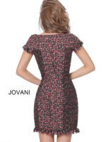 Back view of model wearing Jovani M1042 short multi-colored tweed dress with cap sleeves and fringe detailing.