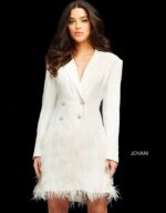 Jovani M1262 ivory dress front view showcasing button and feather details.