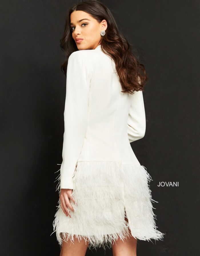 Back view of Jovani M1262 ivory dress highlighting feather trim.