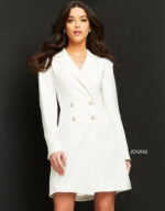 Front view of Jovani M1265 ivory dress with a notched lapel neckline.