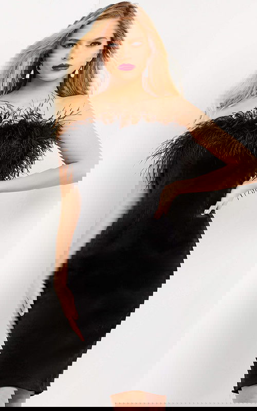 Another angle of the M3335 black dress with a graceful feathered neckline, worn by a model.