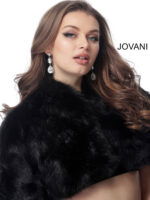 Model wearing Jovani M50165 elegant black dress front view.