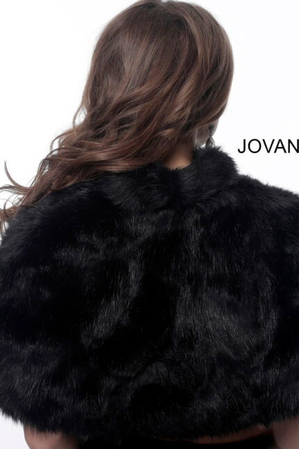 Model showing back view of Jovani M50165 black dress.