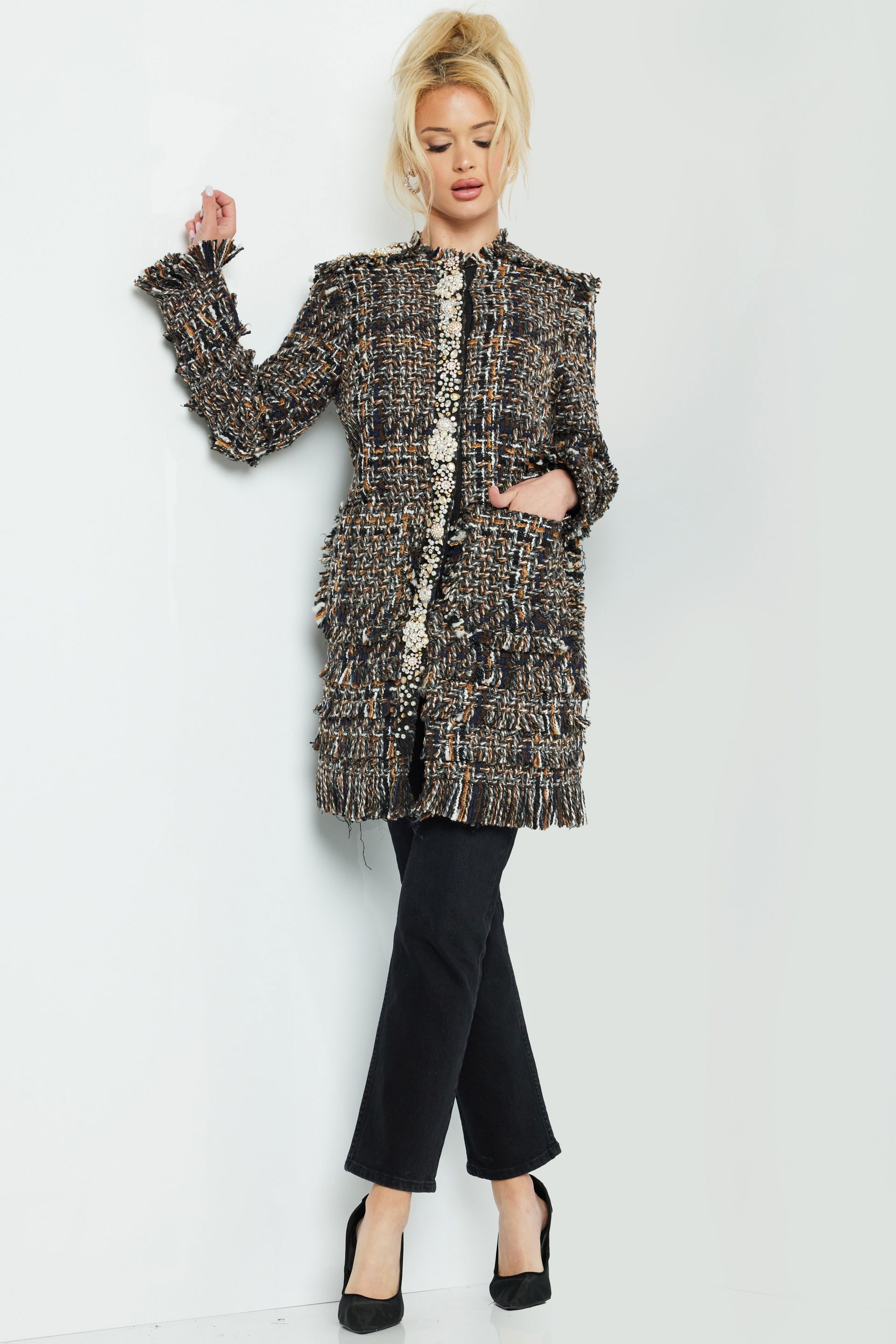 M54805-2012.jpg Model wearing Jovani M54805 knee-length tweed coat with embellished buttons and long sleeves in multi-color.