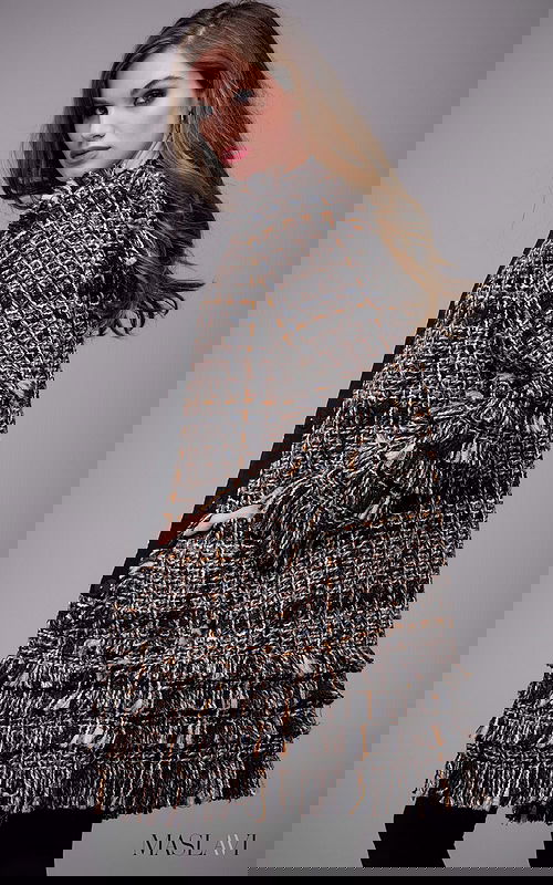 Model showcasing Jovani M54805 front view of tweed coat with embellished detail and long sleeves in multi-color.