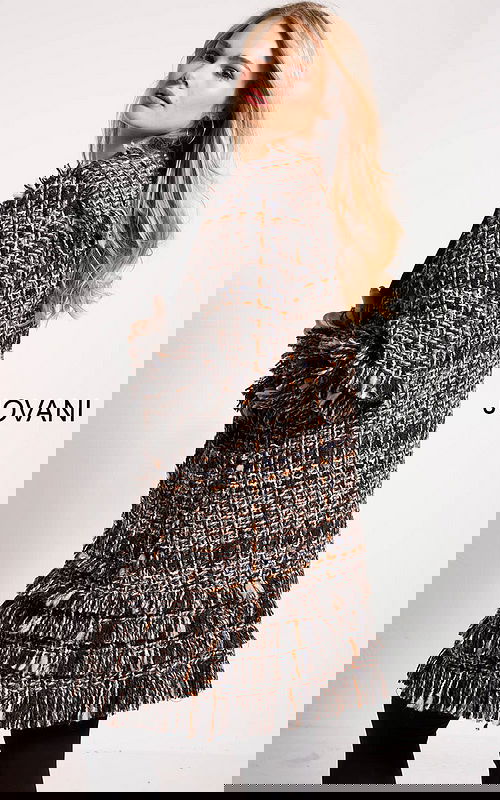 Back view of Jovani M54805 multi-colored coat highlighting textured design