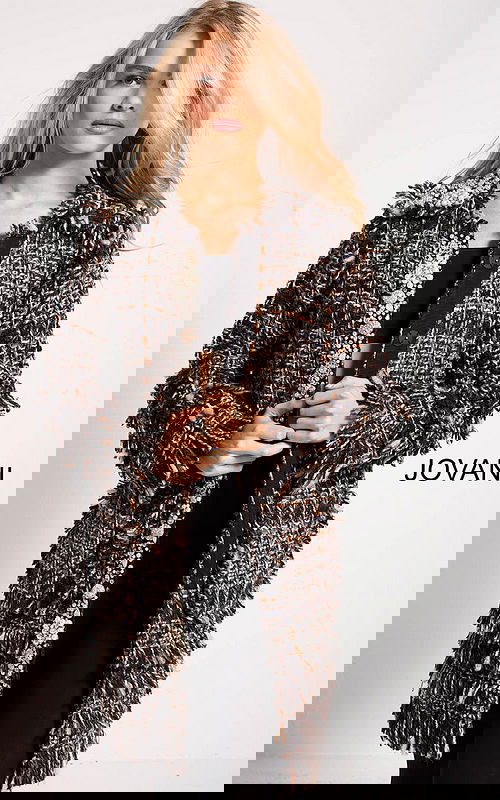 Model wearing Jovani M54805 luxurious multi-colored bouclé coat from the front angle