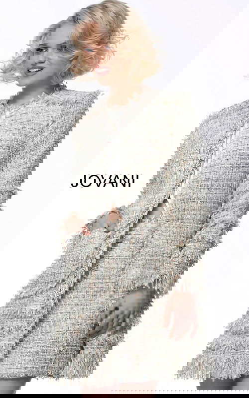 Model wearing Jovani M61371 in ivory multi-color, front view with open front design.