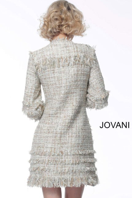 Back view of the Jovani M61371 dress in ivory multi-color showing the fringe detail.