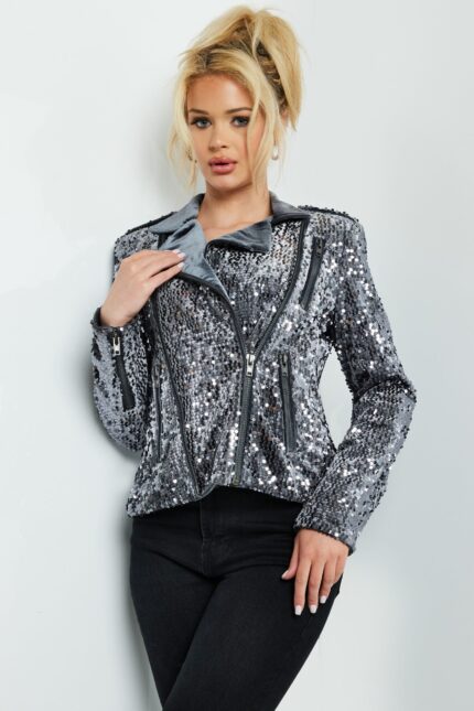 Model wearing Jovani M61427 gunmetal sequin jacket, front view