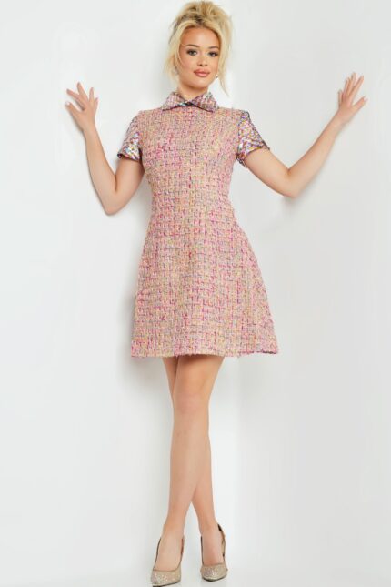 Model wearing M68930 multicolor tweed dress with collared neckline and short sleeves, front view.