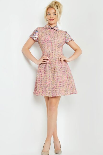 Model wearing M68930 multicolor tweed dress, front view highlighting A-line silhouette.