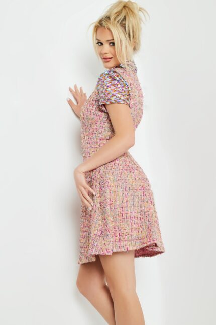 Model wearing M68930 multicolor tweed dress, side view with focus on collar and sleeves.