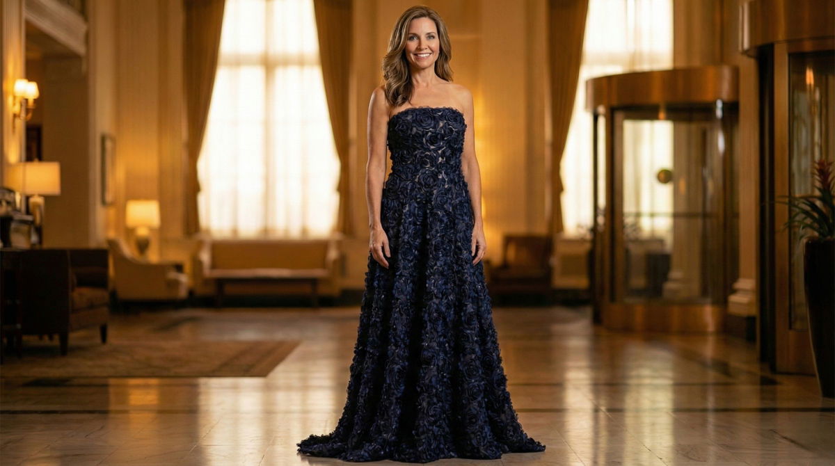 Elegant mother of the bride posing in a navy blue 3D floral Jovani evening gown.