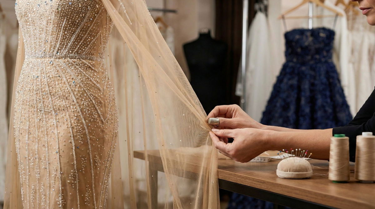 Seamstress pinning a beige beaded Jovani gown during professional alterations.