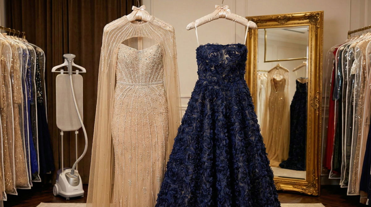 Finished beige beaded and navy rosette Jovani evening gowns hanging in an atelier.