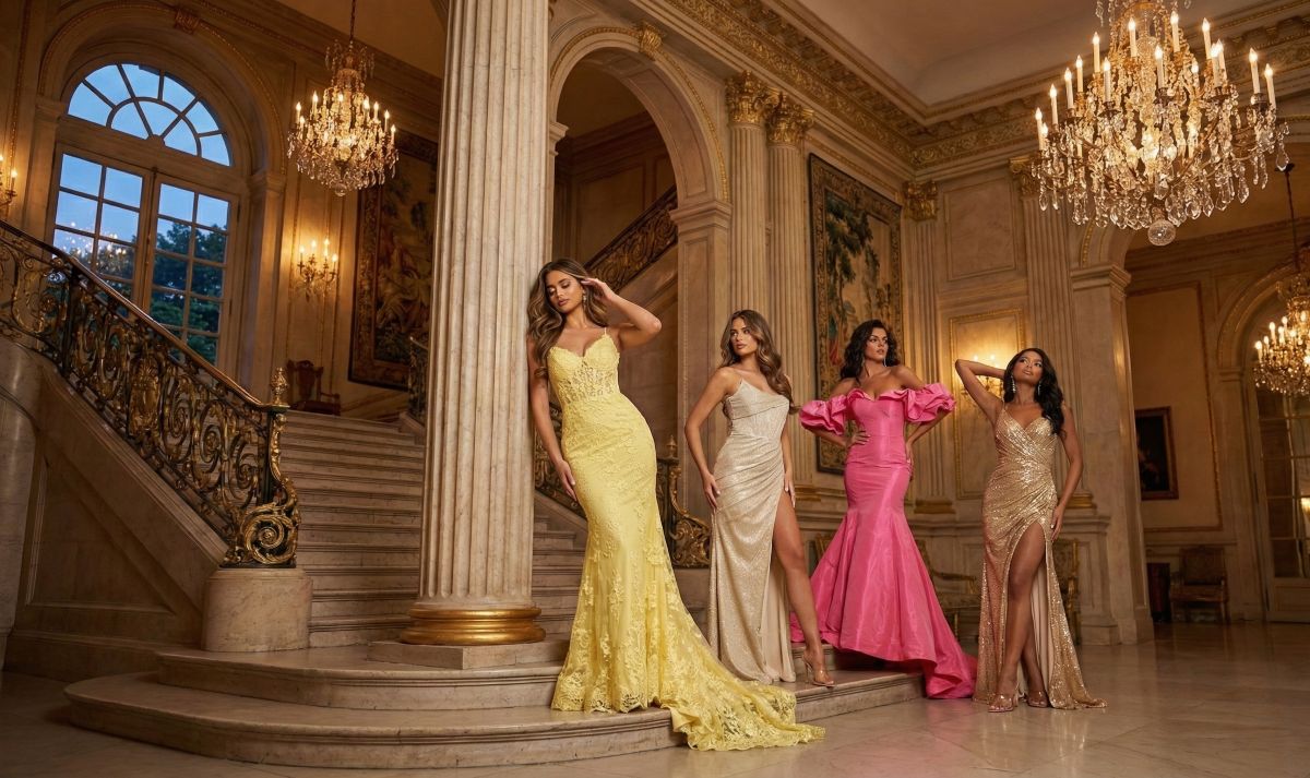 Collection of trendy 2026 prom dresses featuring yellow lace mermaid, pink ruffled, and gold sequin styles.