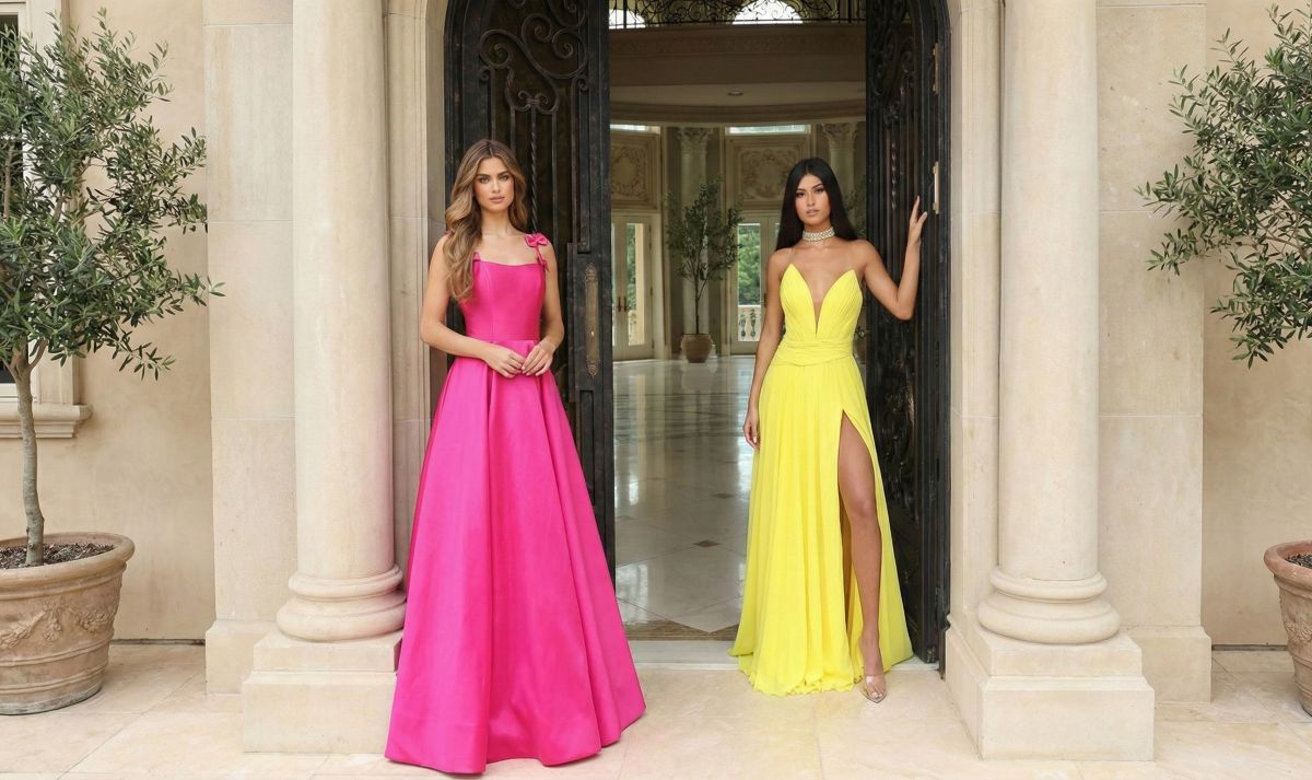 Elegant hot pink satin and bright yellow chiffon minimalist prom dresses featuring modern A-line and high-slit styles.