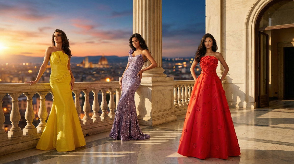 Three models showcasing yellow satin, purple sequin, and red floral evening gowns for a formal prom dress guide
