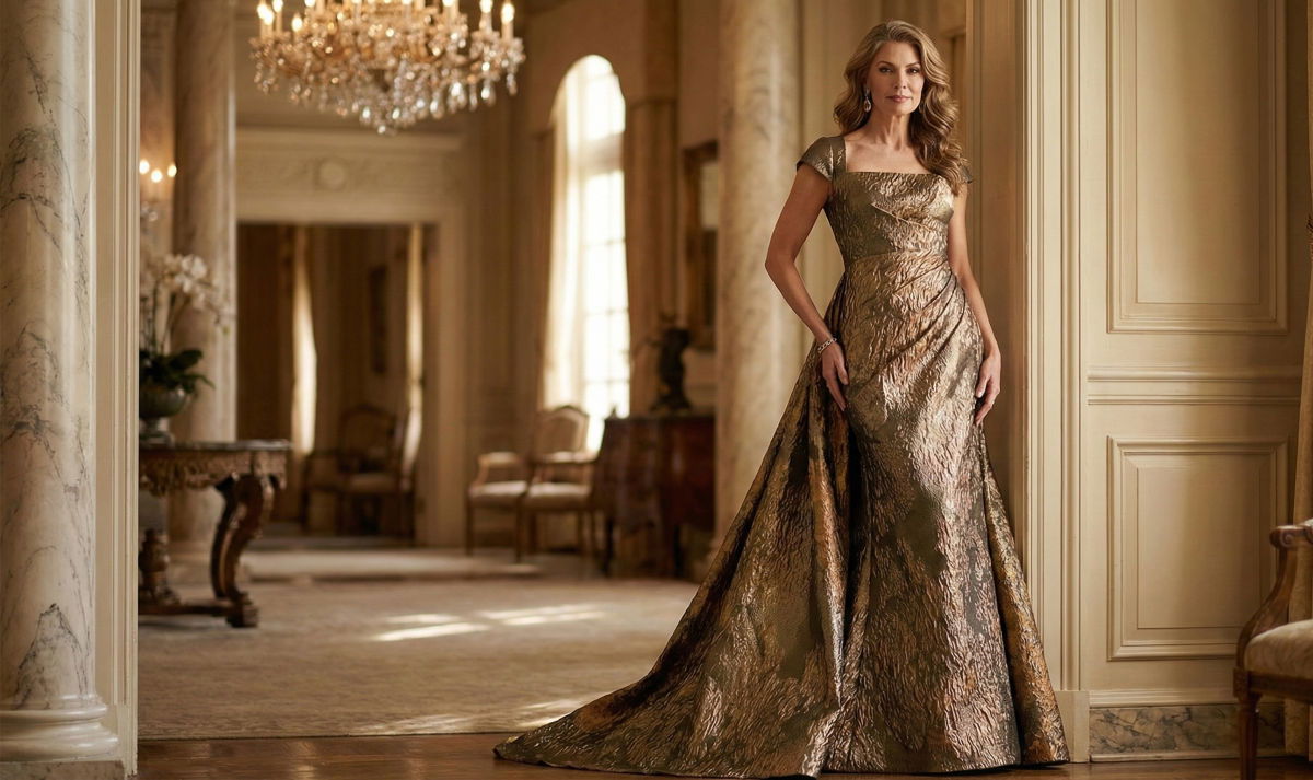 Mother of the bride in a modest gold textured gown with a train, showing stylish coverage.