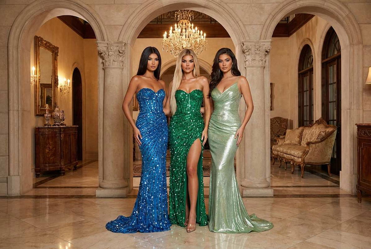 Models posing in detailed blue and gold beaded prom gowns with cutouts and overskirts outdoors.